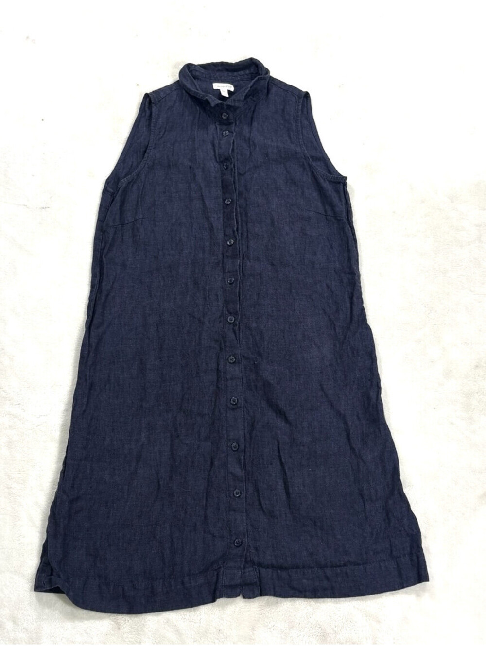 Garnet Hill Womens Size 8 Navy Blue Linen Sleeveless Button Front Shirt Dress